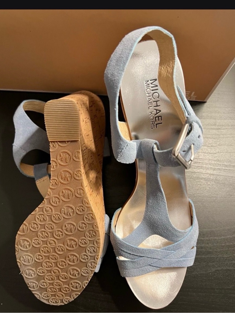 Michael Kors Light Blue Suede T-Strap Cork Wedge Sandals